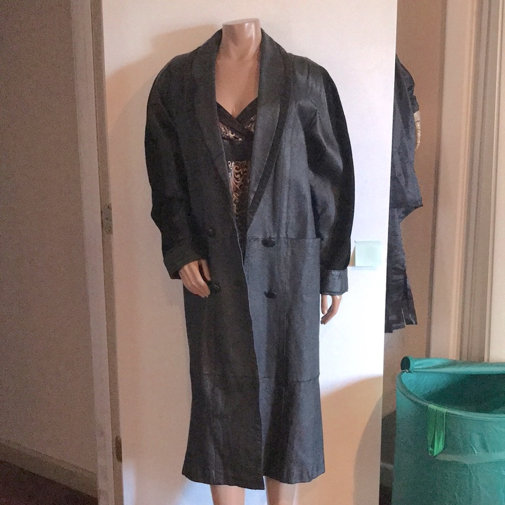 Full length leather coat with suede on lapel and arms. Oversized.